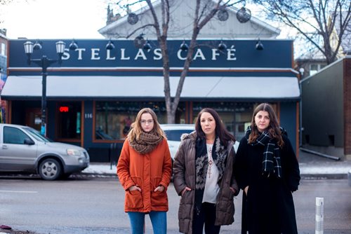 MIKAELA MACKENZIE / WINNIPEG FREE PRESS
Kelsey Wade (left), Amanda Murdock, and Christina Hajjar pose by Stella's on Sherbrook in Winnipeg on Friday, Nov. 9, 2018. The three of them are speaking out about a workplace culture of harassment at the popular Winnipeg restaurant.
Winnipeg Free Press 2018.