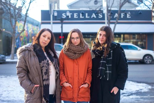 MIKAELA MACKENZIE / WINNIPEG FREE PRESS
Amanda Murdock (left), Kelsey Wade, and Christina Hajjar pose by Stella's on Sherbrook in Winnipeg on Friday, Nov. 9, 2018. The three of them are speaking out about a workplace culture of harassment at the popular Winnipeg restaurant.
Winnipeg Free Press 2018.