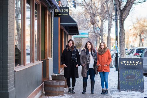 MIKAELA MACKENZIE / WINNIPEG FREE PRESS
Christina Hajjar (left), Amanda Murdock, and Kelsey Wade pose by Stella's on Sherbrook in Winnipeg on Friday, Nov. 9, 2018. The three of them are speaking out about a workplace culture of harassment at the popular Winnipeg restaurant.
Winnipeg Free Press 2018.