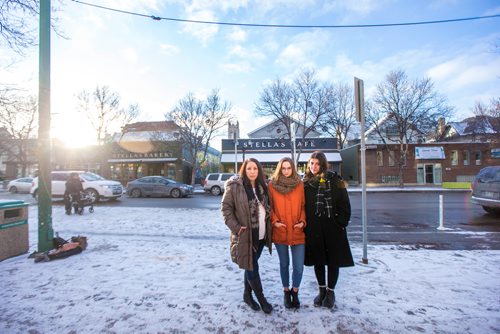 MIKAELA MACKENZIE / WINNIPEG FREE PRESS
Amanda Murdock (left), Kelsey Wade, and Christina Hajjar pose by Stella's on Sherbrook in Winnipeg on Friday, Nov. 9, 2018. The three of them are speaking out about a workplace culture of harassment at the popular Winnipeg restaurant.
Winnipeg Free Press 2018.