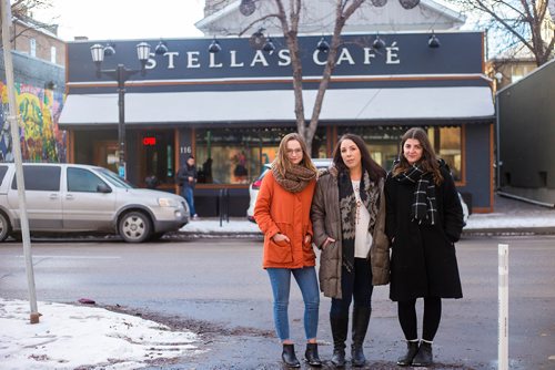 MIKAELA MACKENZIE / WINNIPEG FREE PRESS
Kelsey Wade (left), Amanda Murdock, and Christina Hajjar pose by Stella's on Sherbrook in Winnipeg on Friday, Nov. 9, 2018. The three of them are speaking out about a workplace culture of harassment at the popular Winnipeg restaurant.
Winnipeg Free Press 2018.