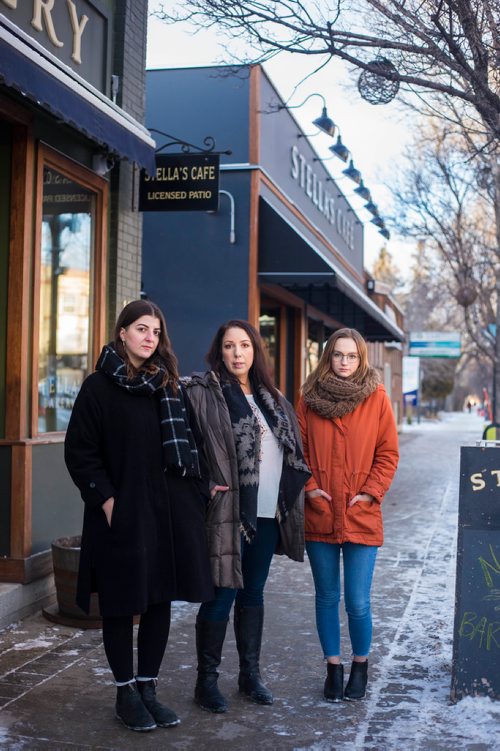 MIKAELA MACKENZIE / WINNIPEG FREE PRESS
Christina Hajjar (left), Amanda Murdock, and Kelsey Wade pose by Stella's on Sherbrook in Winnipeg on Friday, Nov. 9, 2018. The three of them are speaking out about a workplace culture of harassment at the popular Winnipeg restaurant.
Winnipeg Free Press 2018.