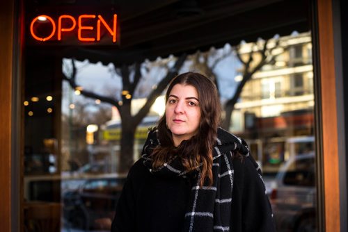 MIKAELA MACKENZIE / WINNIPEG FREE PRESS
Christina Hajjar poses by Stella's on Sherbrook in Winnipeg on Friday, Nov. 9, 2018. The three of them are speaking out about a workplace culture of harassment at the popular Winnipeg restaurant.
Winnipeg Free Press 2018.