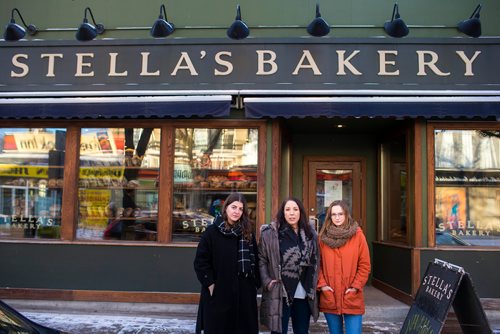 MIKAELA MACKENZIE / WINNIPEG FREE PRESS
Christina Hajjar (left), Amanda Murdock, and Kelsey Wade pose by Stella's on Sherbrook in Winnipeg on Friday, Nov. 9, 2018. The three of them are speaking out about a workplace culture of harassment at the popular Winnipeg restaurant.
Winnipeg Free Press 2018.