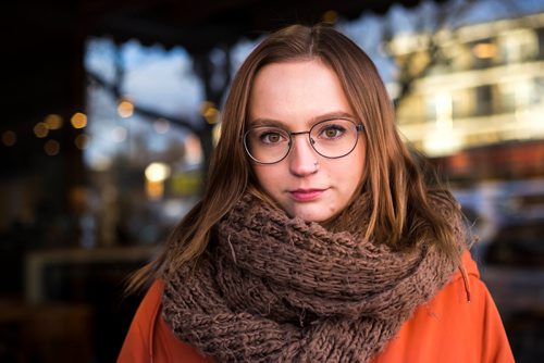 MIKAELA MACKENZIE / WINNIPEG FREE PRESS
Kelsey Wade poses by Stella's on Sherbrook in Winnipeg on Friday, Nov. 9, 2018. The three of them are speaking out about a workplace culture of harassment at the popular Winnipeg restaurant.
Winnipeg Free Press 2018.