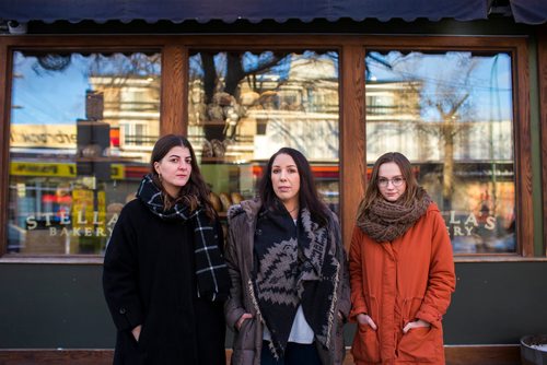 MIKAELA MACKENZIE / WINNIPEG FREE PRESS
Christina Hajjar (left), Amanda Murdock, and Kelsey Wade pose by Stella's on Sherbrook in Winnipeg on Friday, Nov. 9, 2018. The three of them are speaking out about a workplace culture of harassment at the popular Winnipeg restaurant.
Winnipeg Free Press 2018.