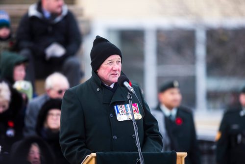 MIKAELA MACKENZIE / WINNIPEG FREE PRESS
Dennis Tabbenor speaks at the135th anniversary commemoration service of the Royal Winnipeg Rifles and unveiling of the Legacy Stone Project at Vimy Ridge Memorial Park  in Winnipeg on Saturday, Nov. 10, 2018. 
Winnipeg Free Press 2018.