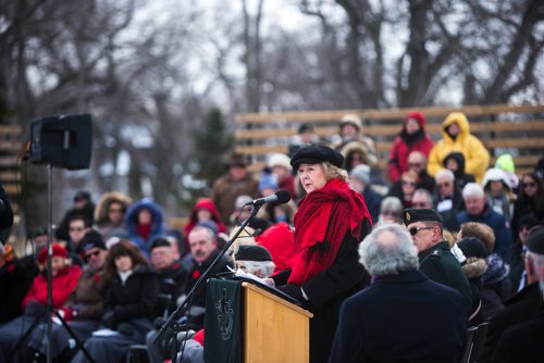 MIKAELA MACKENZIE / WINNIPEG FREE PRESS
Lieutenant Governor Janice Filmon speaks at the135th anniversary commemoration service of the Royal Winnipeg Rifles and unveiling of the Legacy Stone Project at Vimy Ridge Memorial Park  in Winnipeg on Saturday, Nov. 10, 2018. 
Winnipeg Free Press 2018.