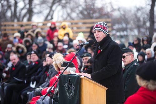 MIKAELA MACKENZIE / WINNIPEG FREE PRESS
Mayor Brian Bowman speaks at the135th anniversary commemoration service of the Royal Winnipeg Rifles and unveiling of the Legacy Stone Project at Vimy Ridge Memorial Park  in Winnipeg on Saturday, Nov. 10, 2018. 
Winnipeg Free Press 2018.