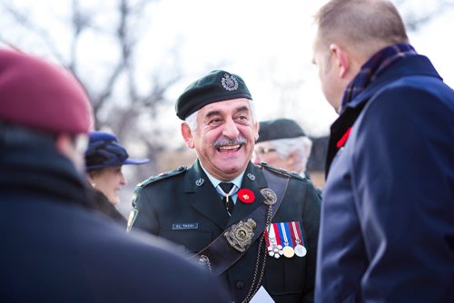 MIKAELA MACKENZIE / WINNIPEG FREE PRESS
Honorary Lieutenant-Colonel Albert El Tassi shakes hands before the Royal Winnipeg Rifles host a 135th anniversary commemoration service and unveiling of the Legacy Stone Project at Vimy Ridge Memorial Park  in Winnipeg on Saturday, Nov. 10, 2018. 
Winnipeg Free Press 2018.