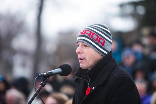 MIKAELA MACKENZIE / WINNIPEG FREE PRESS
Mayor Brian Bowman speaks at the135th anniversary commemoration service of the Royal Winnipeg Rifles and unveiling of the Legacy Stone Project at Vimy Ridge Memorial Park  in Winnipeg on Saturday, Nov. 10, 2018. 
Winnipeg Free Press 2018.