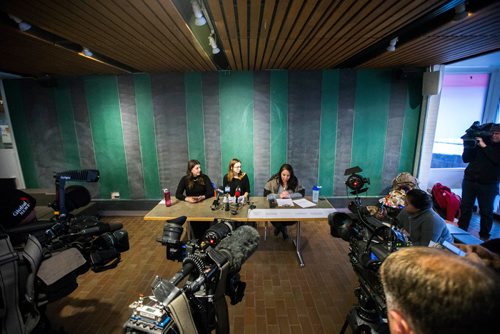 MIKAELA MACKENZIE / WINNIPEG FREE PRESS
Christina Hajjar (left), Kelsey Wade, and Amanda Murdock (all former Stella's employees) speak at a press conference about harassment and labour violations at Stella's in Winnipeg on Saturday, Nov. 10, 2018. 
Winnipeg Free Press 2018.