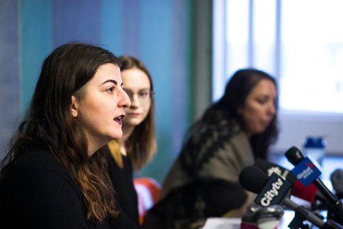 MIKAELA MACKENZIE / WINNIPEG FREE PRESS
Christina Hajjar (left) speaks at a press conference about harassment and labour violations at Stella's in Winnipeg on Saturday, Nov. 10, 2018. 
Winnipeg Free Press 2018.