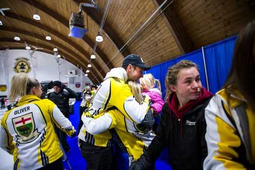 MIKAELA MACKENZIE / WINNIPEG FREE PRESS
Manitoba team curlers, with skip Colin Kurz at centre, celebrate their win at the Fort Rouge Curling Club in Winnipeg on Saturday, Nov. 10, 2018. 
Winnipeg Free Press 2018.