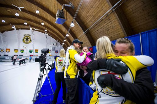 MIKAELA MACKENZIE / WINNIPEG FREE PRESS
Manitoba team curlers, with skip Colin Kurz at centre, celebrate their win at the Fort Rouge Curling Club in Winnipeg on Saturday, Nov. 10, 2018. 
Winnipeg Free Press 2018.