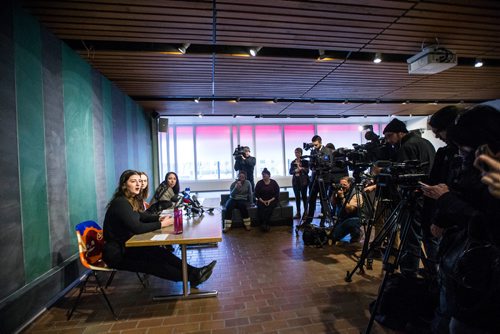 MIKAELA MACKENZIE / WINNIPEG FREE PRESS
Christina Hajjar (left), Kelsey Wade, and Amanda Murdock (all former Stella's employees) speak at a press conference about harassment and labour violations at Stella's in Winnipeg on Saturday, Nov. 10, 2018. 
Winnipeg Free Press 2018.