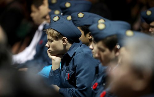 TREVOR HAGAN / WINNIPEG FREE PRESS
A young cadet dozes off during a Remembrance Day Ceremony on the convention centre, Sunday, November 11, 2018.