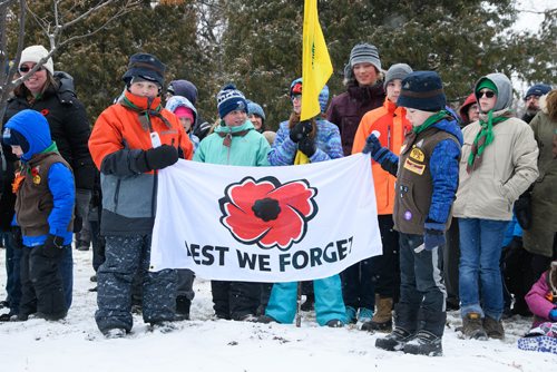 Mike Sudoma / Winnipeg Free Press
(left to right) Marcus Krahn and Cole Bealieu of the First Crestview Scout Group showing their support during Sunday morning's Remembrance day service in Bruce Park). November 11, 2018
