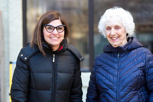 MIKAELA MACKENZIE / WINNIPEG FREE PRESS
Filomena Tassi, Minister of Seniors (left), takes a walk in the courtyard with Laurine Einfeld during a visit to the the Seine River Retirement Residence in Winnipeg on Monday, Nov. 12, 2018. Tassi is touring organizations that are encouraging seniors in their community to remain active and healthy as they age.
Winnipeg Free Press 2018.