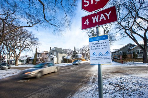 MIKAELA MACKENZIE / WINNIPEG FREE PRESS
A sign asking for residents' input on a bike lane along Wolseley Avenue in Winnipeg on Monday, Nov. 12, 2018. 
Winnipeg Free Press 2018.