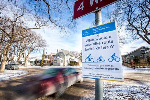 MIKAELA MACKENZIE / WINNIPEG FREE PRESS
A sign asking for residents' input on a bike lane along Wolseley Avenue in Winnipeg on Monday, Nov. 12, 2018. 
Winnipeg Free Press 2018.