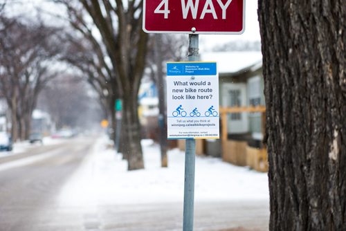 MIKAELA MACKENZIE / WINNIPEG FREE PRESS
A sign asking for residents' input on a bike lane along Wolseley Avenue in Winnipeg on Monday, Nov. 12, 2018. 
Winnipeg Free Press 2018.