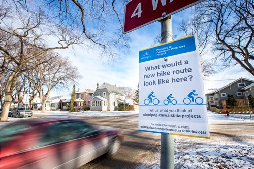 MIKAELA MACKENZIE / WINNIPEG FREE PRESS
A sign asking for residents' input on a bike lane along Wolseley Avenue in Winnipeg on Monday, Nov. 12, 2018. 
Winnipeg Free Press 2018.