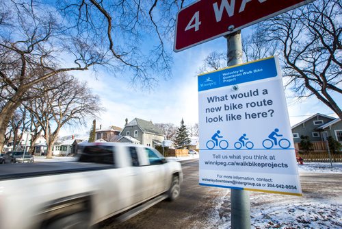 MIKAELA MACKENZIE / WINNIPEG FREE PRESS
A sign asking for residents' input on a bike lane along Wolseley Avenue in Winnipeg on Monday, Nov. 12, 2018. 
Winnipeg Free Press 2018.