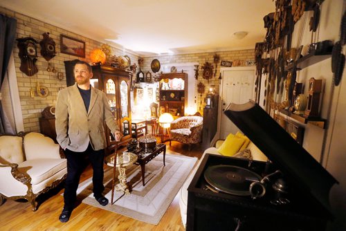 JOHN WOODS / WINNIPEG FREE PRESS
Murray Beilby is photographed with some of his clock collection Tuesday, November 12, 2018.