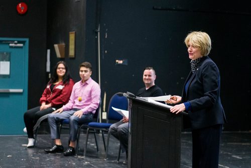 MIKAELA MACKENZIE / WINNIPEG FREE PRESS
Pauline Clarke, Chief Superintendent and CEO of the Winnipeg School Division, announces the Build From Within program at St. John's High School in Winnipeg on Tuesday, Nov. 13, 2018. 
Winnipeg Free Press 2018.