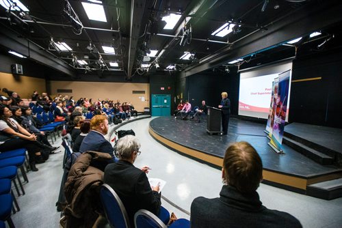 MIKAELA MACKENZIE / WINNIPEG FREE PRESS
Pauline Clarke, Chief Superintendent and CEO of the Winnipeg School Division, announces the Build From Within program at St. John's High School in Winnipeg on Tuesday, Nov. 13, 2018. 
Winnipeg Free Press 2018.