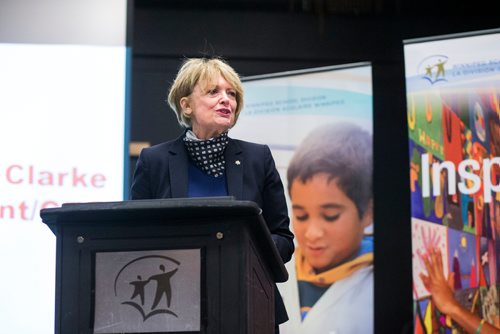 MIKAELA MACKENZIE / WINNIPEG FREE PRESS
Pauline Clarke, Chief Superintendent and CEO of the Winnipeg School Division, announces the Build From Within program at St. John's High School in Winnipeg on Tuesday, Nov. 13, 2018. 
Winnipeg Free Press 2018.