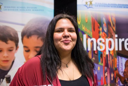 MIKAELA MACKENZIE / WINNIPEG FREE PRESS
Ayla Laforte, student, poses for a portrait after the Build From Within program was announced at St. John's High School in Winnipeg on Tuesday, Nov. 13, 2018. 
Winnipeg Free Press 2018.