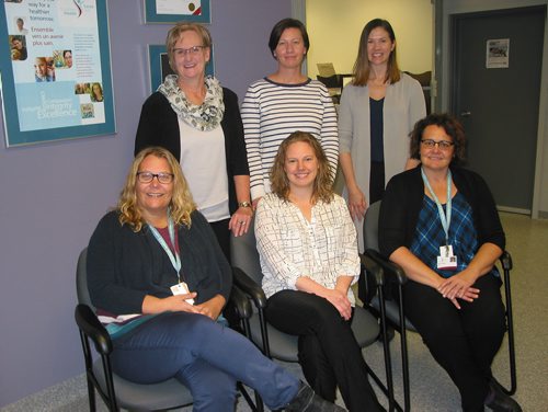 Canstar Community News Oct. 31, 2018 - (Back row, from left) Brenda Miller-Adams, Addictions Foundation of Manitoba School Counsellor; Kerby Sylvester, Southern Health Dietitian; and Sacha Grimeau, Shared Care Counsellor with Southern Health; and (front row, from left) Tracy Ediger, Public Health Nurse with Southern Health, Rachel Wiebe-Skouta, Nurse-Practitioner with Southern Health; and clinic clerk Jackie Meulpolder offer a variety of health care services to Portage Collegiate Institute students and local youth from age 12 to 21. (ANDREA GEARY/CANSTAR COMMUNITY NEWS)