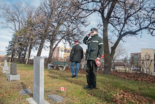 Canstar Community News Fredrick Shellenberg salutes a soldier's grave. Members of Winnipeg's Princess Patricia's Canadian Light Infantry Cadet Corps visited the St. James Cemetary on Nov. 3 to place Canadian flags on the graves of more than 60 First World War soldiers. (EVA WASNEY/CANSTAR COMMUNITY NEWS/METRO)