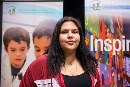 MIKAELA MACKENZIE / WINNIPEG FREE PRESS
Ayla Laforte, student, poses for a portrait after the Build From Within program was announced at St. John's High School in Winnipeg on Tuesday, Nov. 13, 2018. 
Winnipeg Free Press 2018.