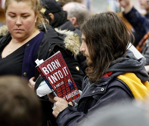 PHIL HOSSACK / WINNIPEG FREE PRESS - Eager fans dig into Jay Baruchel's new book "Born Into It" Tuesday evening at McNally Robinson Booksellers at Grant Park waiting for the author to arrive and read. Stand-up. - November 13, 2018