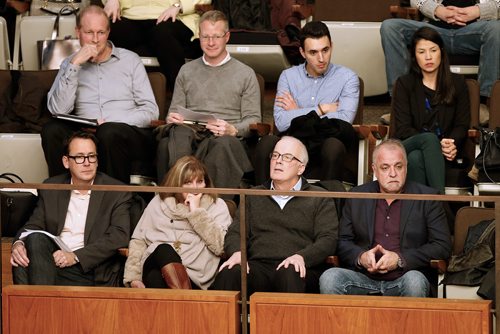 JOHN WOODS / WINNIPEG FREE PRESS
Scott Oake, front row second from right, attends a city committee hearing meeting on the rezoning of land for the Bruce Oake Recovery Centre at city hall Tuesday, November 13, 2018.