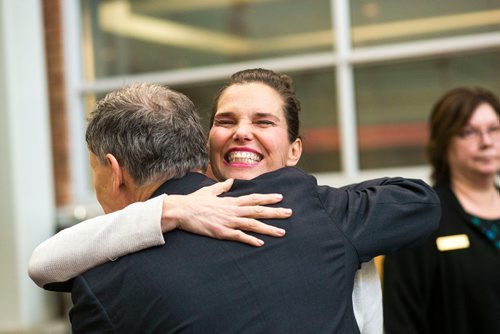 MIKAELA MACKENZIE / WINNIPEG FREE PRESS
Kirsty Duncan, Minister of Science and Sport, hugs Terry Duguid before announcing national investments in the Canada Research Chairs Program at the University of Manitoba in Winnipeg on Wednesday, Nov. 14, 2018. 
Winnipeg Free Press 2018.