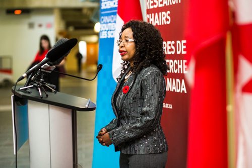 MIKAELA MACKENZIE / WINNIPEG FREE PRESS
Trust Beta, Canada Research Chair, speaks after an announcement about national investments in the Canada Research Chairs Program was made at the University of Manitoba in Winnipeg on Wednesday, Nov. 14, 2018. 
Winnipeg Free Press 2018.