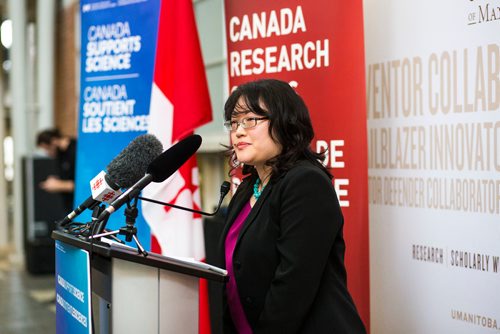 MIKAELA MACKENZIE / WINNIPEG FREE PRESS
Nancy Kang, Canada Research Chair, speaks after an announcement about national investments in the Canada Research Chairs Program was made at the University of Manitoba in Winnipeg on Wednesday, Nov. 14, 2018. 
Winnipeg Free Press 2018.