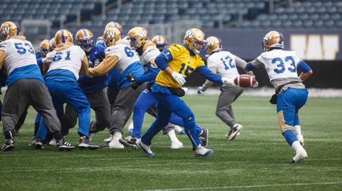 MIKE DEAL / WINNIPEG FREE PRESS
Winnipeg Blue Bombers' quarterback Matt Nichols (15) hands off the ball to Andrew Harris (33) during practice at Investors Group Field Wednesday morning.
181114 - Wednesday, November 14, 2018.