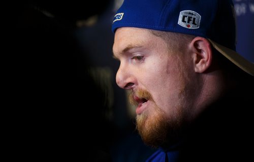MIKE DEAL / WINNIPEG FREE PRESS
Winnipeg Blue Bombers' Adam Bighill (4) during a post practice interview at Investors Group Field Wednesday morning.
181114 - Wednesday, November 14, 2018.