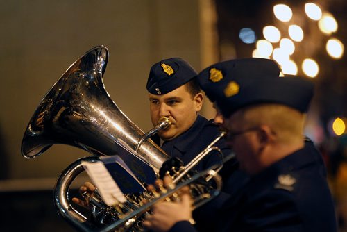 PHIL HOSSACK / WINNIPEG FREE PRESS - Members of the RCAF Brass Quintet serenade the audience as the the lights decorating the donated Colorado Spruce tree at City Hall were turned on Wednesday night. See release. - November 14, 2018