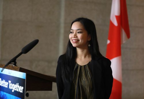 RUTH BONNEVILLE / WINNIPEG FREE PRESS

Elaine Verri who was a recipient of the  Manitoba Provincial Nominee Program (MPNP), shares her story  at the 20th anniversary for the MPNP in the Rotunda at the Legislative Building, Thursday. 

See Carol's  story. 

Nov 14th, 2018