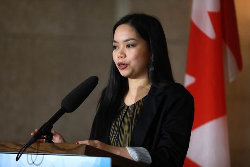 RUTH BONNEVILLE / WINNIPEG FREE PRESS

Elaine Verri who was a recipient of the  Manitoba Provincial Nominee Program (MPNP), shares her story  at the 20th anniversary for the MPNP in the Rotunda at the Legislative Building, Thursday. 

See Carol's  story. 

Nov 14th, 2018