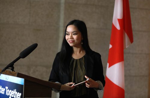 RUTH BONNEVILLE / WINNIPEG FREE PRESS

Elaine Verri who was a recipient of the  Manitoba Provincial Nominee Program (MPNP), shares her story  at the 20th anniversary for the MPNP in the Rotunda at the Legislative Building, Thursday. 

See Carol's  story. 

Nov 14th, 2018