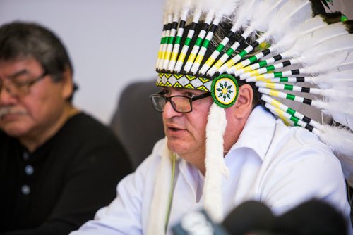 MIKAELA MACKENZIE / WINNIPEG FREE PRESS
Chief Gary Knott of Wasagamack First Nation speaks after the minister announced investments in new and renovated schools in their communities in Winnipeg on Friday, Nov. 16, 2018. 
Winnipeg Free Press 2018.