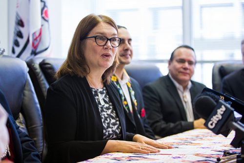 MIKAELA MACKENZIE / WINNIPEG FREE PRESS
Jane Philpott, Minister of Indigenous Services, alongside chiefs from the communities, announces investments in new and renovated schools in Winnipeg on Friday, Nov. 16, 2018. 
Winnipeg Free Press 2018.