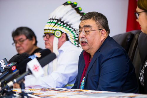 MIKAELA MACKENZIE / WINNIPEG FREE PRESS
Chief Timothy Muskego of Bunibonibee Cree Nation speaks after the minister announced investments in new and renovated schools in their communities in Winnipeg on Friday, Nov. 16, 2018. 
Winnipeg Free Press 2018.